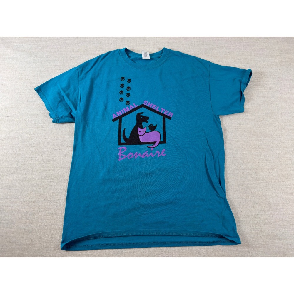 Gildan Heavy Cotton Animal Shelter Bonaire T-Shirt Teal Blue Graphic Tee Large